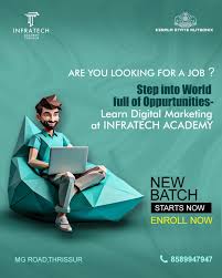 Promotional poster for Infratech Academy of AI-driven digital marketing with a cartoon man on laptop and enrollment details for new batch.