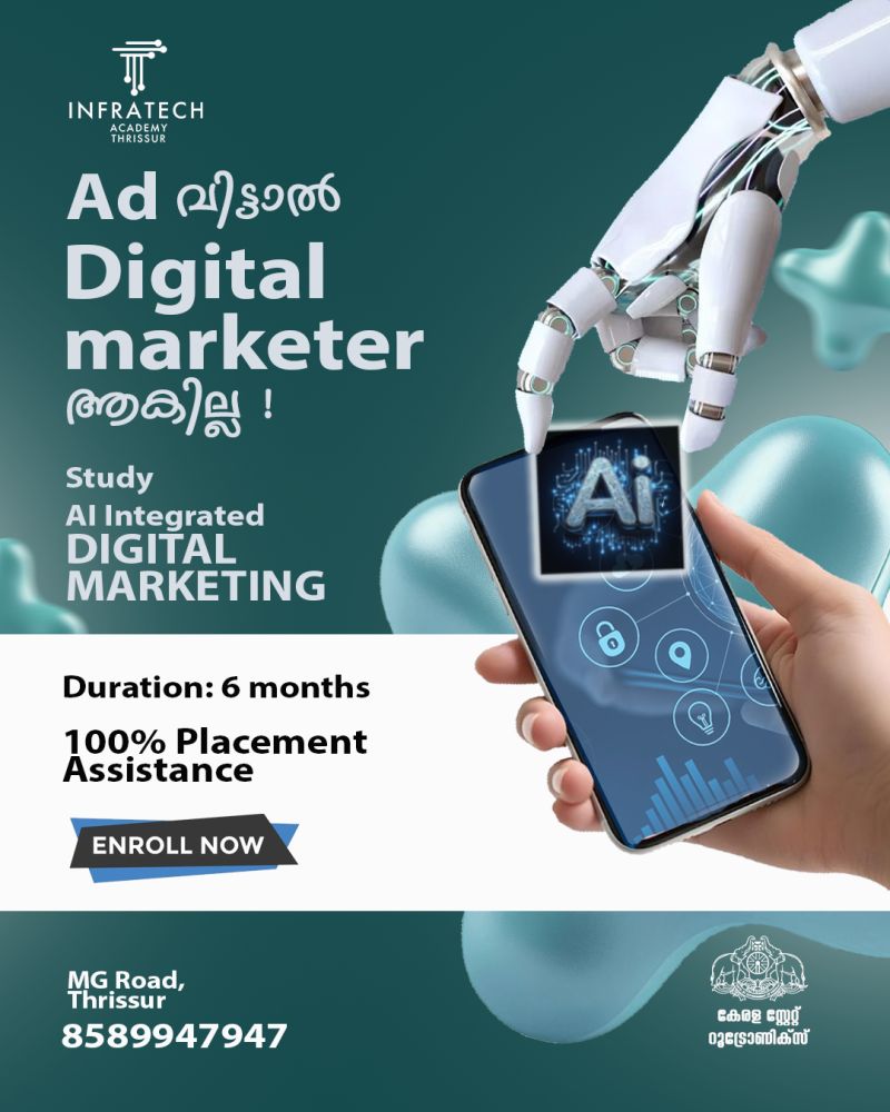 Promotional poster for Infratech Academy of AI-driven digital marketing featuring a robotic hand holding a smartphone with AI graphics and course details.