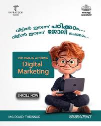 An animated boy with ginger hair and glasses sits cross-legged, holding a laptop, next to text promoting 'Diploma in AI Driven Digital Marketing' from Infratech Academy. A 'ENROLL NOW' button and contact details are also visible.
