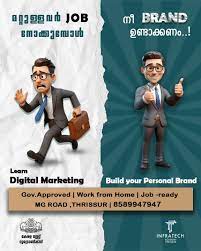 An advertisement for Infratech Academy showing two animated male figures. On the left, a man rushes with a briefcase, representing job searching. On the right, a confident man gives a thumbs-up, representing building a personal brand through digital marketing. Text promotes 'Learn Digital Marketing' and 'Build your Personal Brand'