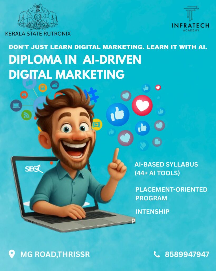 Poster for a 'Diploma in AI-Driven Digital Marketing' course, featuring a smiling cartoon man sitting at a laptop with social media icons floating around his head.